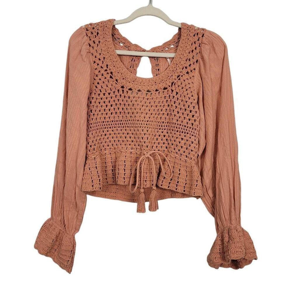 Free People Megan Crochet Open Knit Peplum Puff Sleeve Top Sz XS Coral Sands - Picture 2 of 7